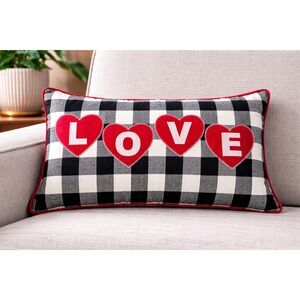 LOVE Blk White Buffalo Check Valentine Decorative Accent Throw Pillow 23” x 14”